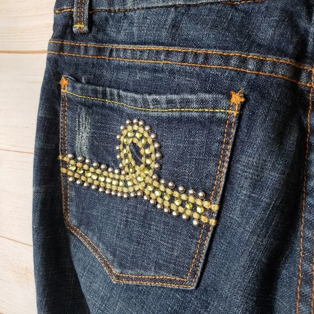 7 For All Mankind Embellished Rhinestone Distressed Regular Bootcut Denim Jeans